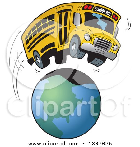 Clipart of a Cartoon Yellow School Bus Going on a Field Trip Around the Earth - Royalty Free Vector Illustration by Clip Art Mascots