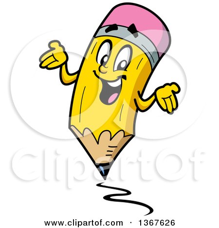 Clipart of a Cartoon Happy Yellow Eraser Tipped Pencil Mascot Shrugging and Writing - Royalty Free Vector Illustration by Clip Art Mascots