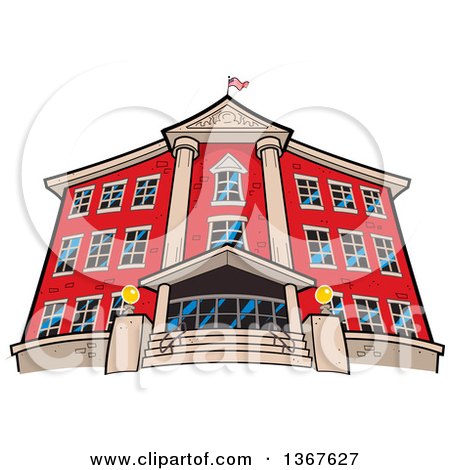 Clipart of a Low Angle View of the Front of a Red Brick School Building, an American Flag on the Roof - Royalty Free Vector Illustration by Clip Art Mascots