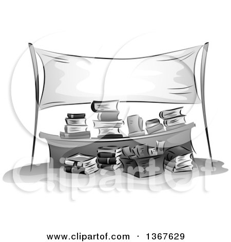 Clipart of a Grayscale Sketched Desk with Stacks and Boxes of Books Under a Blank Banner - Royalty Free Vector Illustration by BNP Design Studio