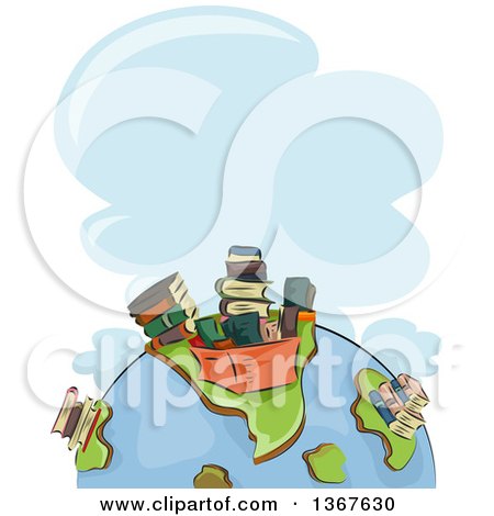 Clipart of a Sketched Earth Globe with Stacks and Boxes of Books on the Continents, Under a Cloud with Text Space - Royalty Free Vector Illustration by BNP Design Studio