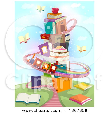Clipart of a Tower of Stacked Books with a Train Track - Royalty Free Vector Illustration by BNP Design Studio
