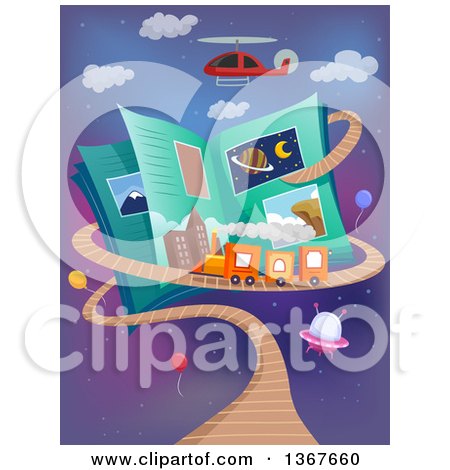 Clipart of a Helicopter over an Open Science Book with a Train Track - Royalty Free Vector Illustration by BNP Design Studio