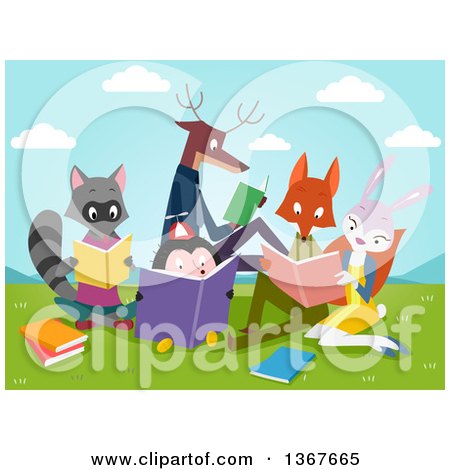 Clipart of a Group of Smart Animals Reading Books in a Valley - Royalty Free Vector Illustration by BNP Design Studio