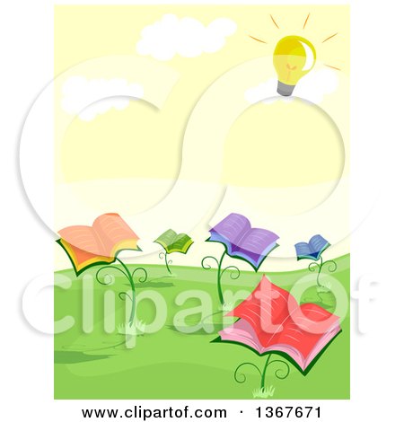 Clipart of Book Flower Plants Bathing in the Sun, Depicted As a Light Bulb - Royalty Free Vector Illustration by BNP Design Studio