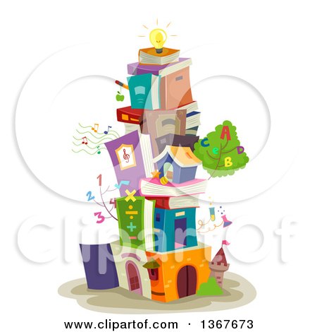 Clipart of a Building Made of Stacked Books, Educational Items and a Light Bulb on Top - Royalty Free Vector Illustration by BNP Design Studio