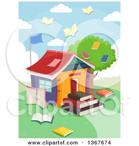 Clipart of a School House Made of Books, with Book Birds Flying - Royalty Free Vector Illustration by BNP Design Studio