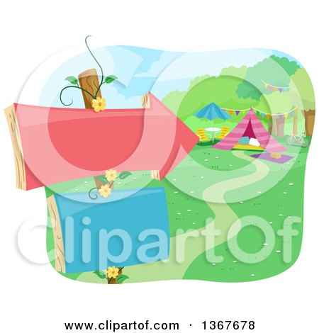 Clipart of a Sign Post with an Arrow Pointing to a Glamping Site - Royalty Free Vector Illustration by BNP Design Studio