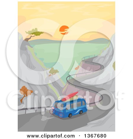 Clipart of a Microbus Driving with Surfboards on a Curvy Coastal Road - Royalty Free Vector Illustration by BNP Design Studio