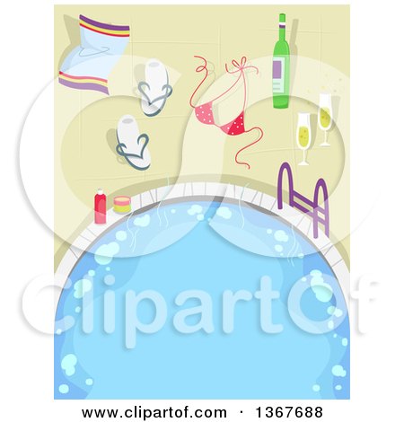 Clipart of a Swimming Pool or Hot Tub with Champagne, a Bikini Top, Sandals and Towel - Royalty Free Vector Illustration by BNP Design Studio
