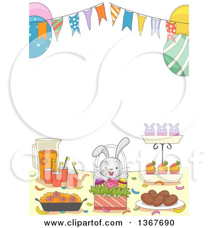 Clipart of a Table with Easter Party Snacks and Drinks Under a Bunting Banner - Royalty Free Vector Illustration by BNP Design Studio