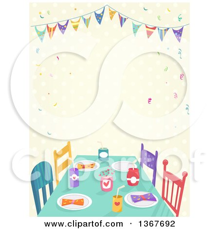 Clipart of a Table Decorated for a Kids Party, with Text Space over Faded Dots - Royalty Free Vector Illustration by BNP Design Studio