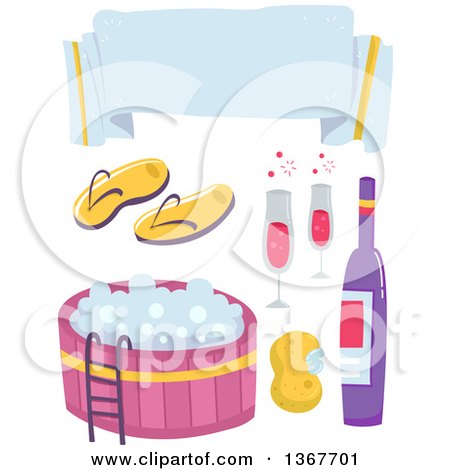 Clipart of a Blank Banner, Flip Flops, Hot Tub, Sponge and Wine - Royalty Free Vector Illustration by BNP Design Studio