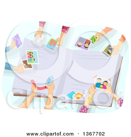 Clipart of a Group of People's Hands Creating a Photo Album - Royalty Free Vector Illustration by BNP Design Studio