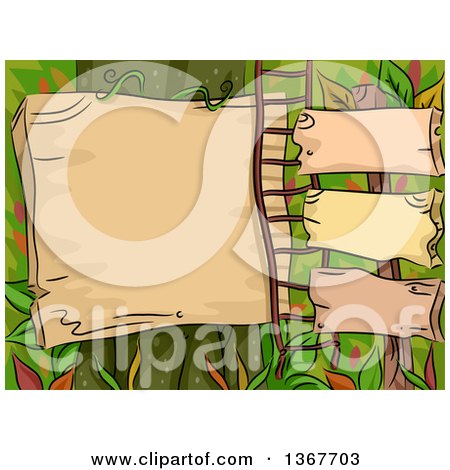 Clipart of Blank Wooden Signs and a Ladder in a Jungle - Royalty Free Vector Illustration by BNP Design Studio