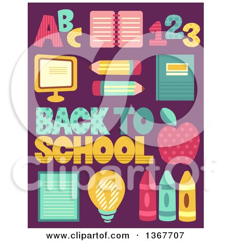 Clipart of Back to School Patterned Items and Text on Purple - Royalty Free Vector Illustration by BNP Design Studio