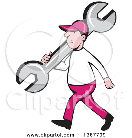Clipart of a Retro Cartoon White Male Mechanic Carrying a Giant Spanner Wrench over His Shoulder and Walking - Royalty Free Vector Illustration by patrimonio