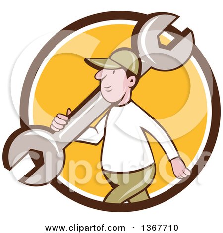 Clipart of a Retro Cartoon White Male Mechanic Carrying a Giant Spanner Wrench over His Shoulder and Walking, Emerging from a Brown White and Yellow Circle - Royalty Free Vector Illustration by patrimonio