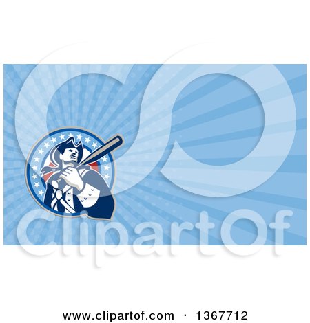 Clipart of a Retro Batting American Patriot Baseball Player and Blue Rays Background or Business Card Design - Royalty Free Illustration by patrimonio