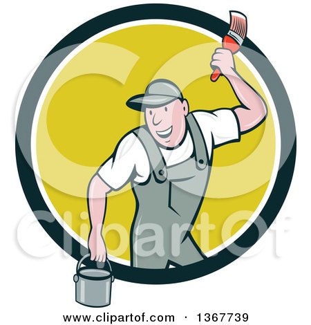 Clipart of a Retro Cartoon White Male House Painter Holding a Bucket and a Brush, Emerging from a Circle - Royalty Free Vector Illustration by patrimonio