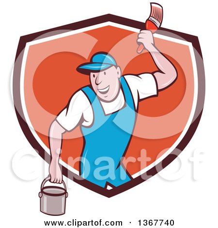 Clipart of a Retro Cartoon White Male House Painter Holding a Bucket and a Brush, Emerging from a Shield - Royalty Free Vector Illustration by patrimonio