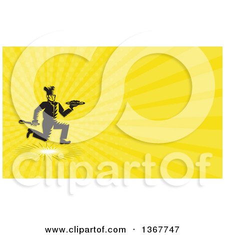 Clipart of a Retro Woodcut Male Chef Running with a Plate and Spatula and Yellow Rays Background or Business Card Design - Royalty Free Illustration by patrimonio