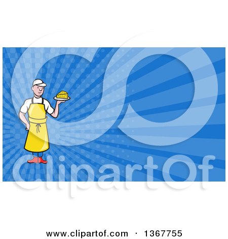 Clipart of a Cartoon White Male Cheesemaker Holding a Wedge and Blue Rays Background or Business Card Design - Royalty Free Illustration by patrimonio