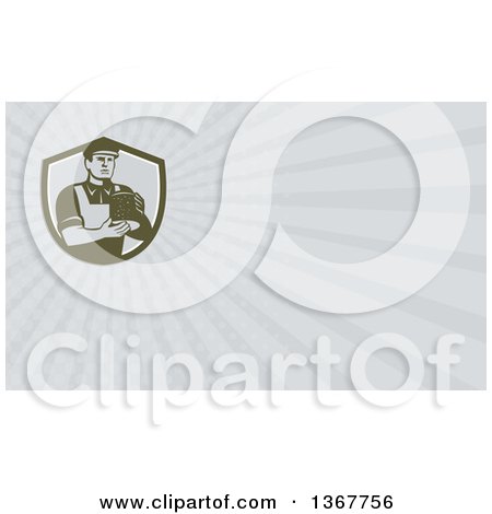 Clipart of a Retro Male Cheesemaker Holding a Parmesan Round and Pastel Gray Rays Background or Business Card Design - Royalty Free Illustration by patrimonio