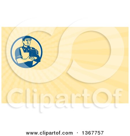 Clipart of a Retro Male Cheesemaker Holding a Parmesan Round and Pastel Yellow Rays Background or Business Card Design - Royalty Free Illustration by patrimonio