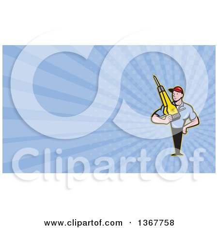 Clipart of a Cartoon Construction Worker Man Holding a Jackhammer and Blue Rays Background or Business Card Design - Royalty Free Illustration by patrimonio