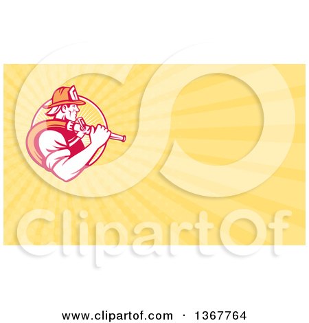 Clipart of a Retro Fireman with a Hose and Yellow Rays Background or Business Card Design - Royalty Free Illustration by patrimonio