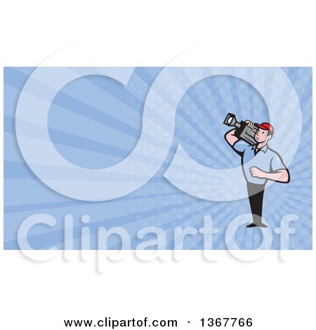 Clipart of a Cartoon Movie Camera Man Filming and Blue Rays Background or Business Card Design - Royalty Free Illustration by patrimonio