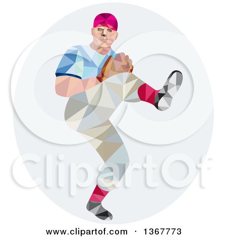 Clipart of a Retro Low Poly Geometric Male Baseball Player Pitching in an Oval - Royalty Free Vector Illustration by patrimonio