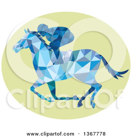 Clipart of a Blue Geometric Low Poly Horse Racing Jockey in a Green Oval - Royalty Free Vector Illustration by patrimonio