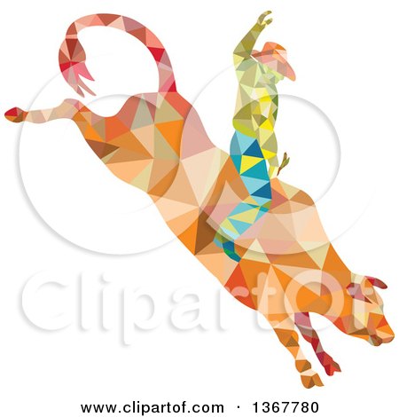 Clipart of a Retro Low Poly Geometric Rodeo Cowboy Riding a Bull - Royalty Free Vector Illustration by patrimonio