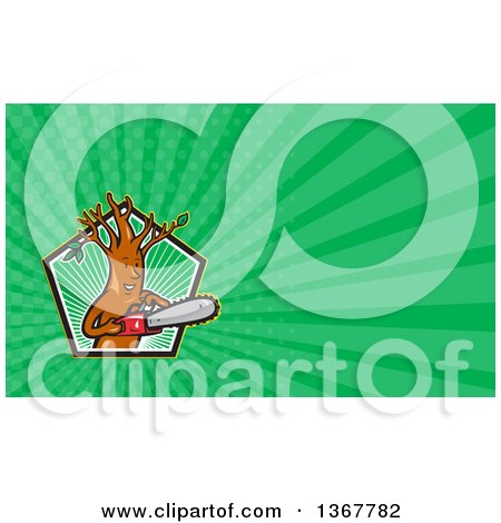 Clipart of a Happy Arborist Tree Holding a Saw in a Pentagon and Green Rays Background or Business Card Design - Royalty Free Illustration by patrimonio