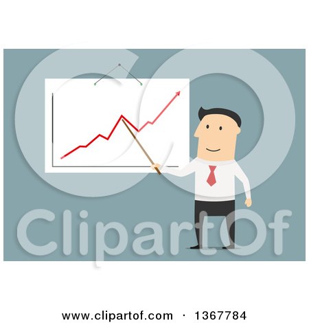 Clipart of a Flat Design White Business Man Presenting a Chart, on Blue - Royalty Free Vector Illustration by Vector Tradition SM