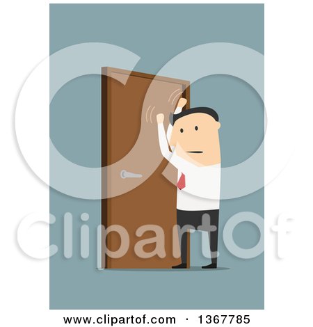 Clipart of a Flat Design White Business Man Pounding on a Door, on Blue - Royalty Free Vector Illustration by Vector Tradition SM