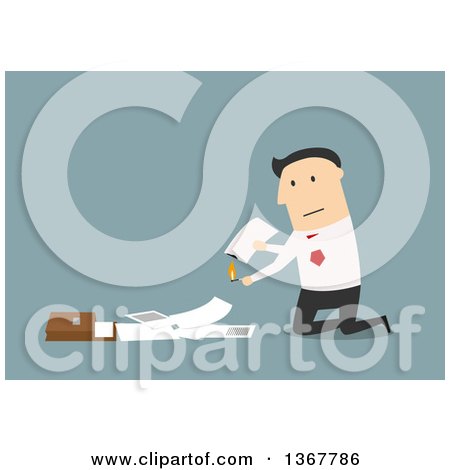 Clipart of a Flat Design White Business Man Lighting Documents on Fire, on Blue - Royalty Free Vector Illustration by Vector Tradition SM