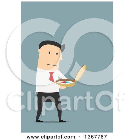Clipart of a Flat Design White Business Man Using a Compass, on Blue - Royalty Free Vector Illustration by Vector Tradition SM