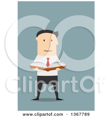 Clipart of a Flat Design White Business Man Reading a Book, on Blue - Royalty Free Vector Illustration by Vector Tradition SM