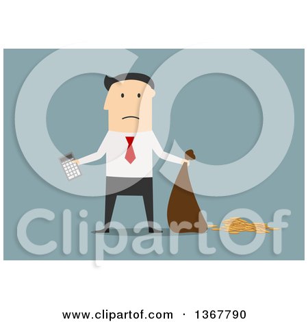 Clipart of a Flat Design White Business Man Holding a Calculator and Paying Taxes, on Blue - Royalty Free Vector Illustration by Vector Tradition SM