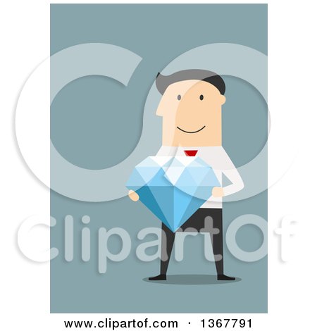 Clipart of a Flat Design White Business Man Holding a Giant Diamond, on Blue - Royalty Free Vector Illustration by Vector Tradition SM