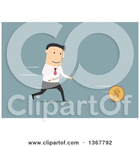 Clipart of a Flat Design White Business Man Chasing a Coin with Cutlery, on Blue - Royalty Free Vector Illustration by Vector Tradition SM