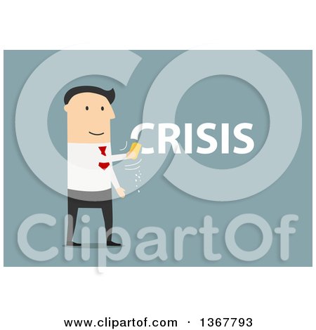 Clipart of a Flat Design White Business Man Erasing a Crisis, on Blue - Royalty Free Vector Illustration by Vector Tradition SM