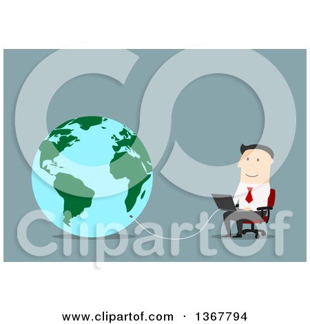 Clipart of a Flat Design White Business Man Using a Laptop Connected to the Globe, on Blue - Royalty Free Vector Illustration by Vector Tradition SM