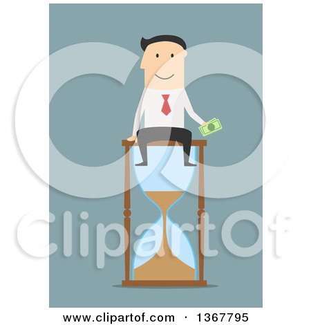Clipart of a Flat Design White Business Man Holding Cash and Sitting on an Hourglass, on Blue - Royalty Free Vector Illustration by Vector Tradition SM