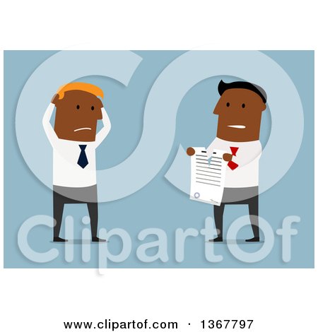 Clipart of a Flat Design Black Business Man Watching Someone Tear up a Contract, on Blue - Royalty Free Vector Illustration by Vector Tradition SM