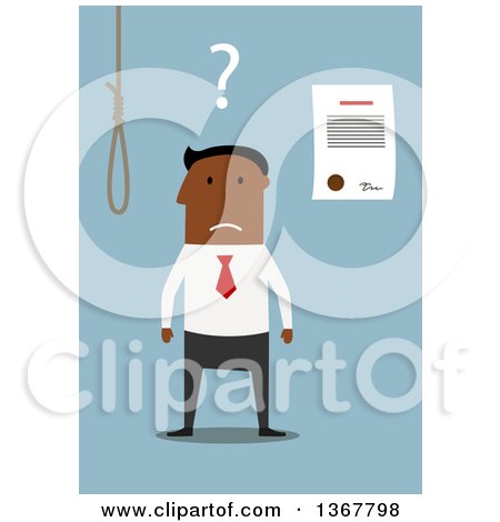 Clipart of a Flat Design Black Business Man Choosing Between Debt Noose and Bankruptcy, on Blue - Royalty Free Vector Illustration by Vector Tradition SM