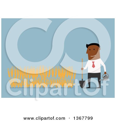 Clipart of a Flat Design Black Business Man Growing a Wheat Crop, on Blue - Royalty Free Vector Illustration by Vector Tradition SM